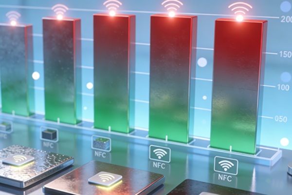 A bar chart comparing NFC signal attenuation across different metal surfaces