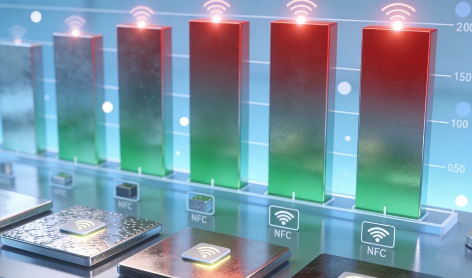 Un graphique à barres comparant l'atténuation du signal NFC sur différentes surfaces métalliques