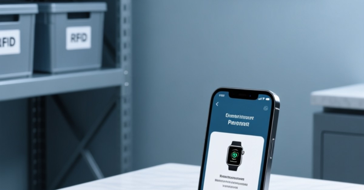 Professional studio shot showing NFC wristband, luxury watch with embedded NFC tag, smartphone scanning digital product passport, and smart entertainment access card — all on a clean white surface with soft blue-gray lighting