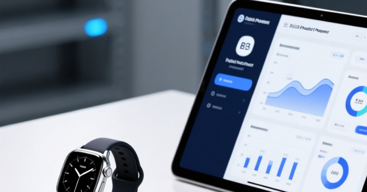 Professional corporate scene showing NFC wristband, luxury watch with embedded NFC tag, QR code label, and digital product passport interface on tablet — clean studio lighting