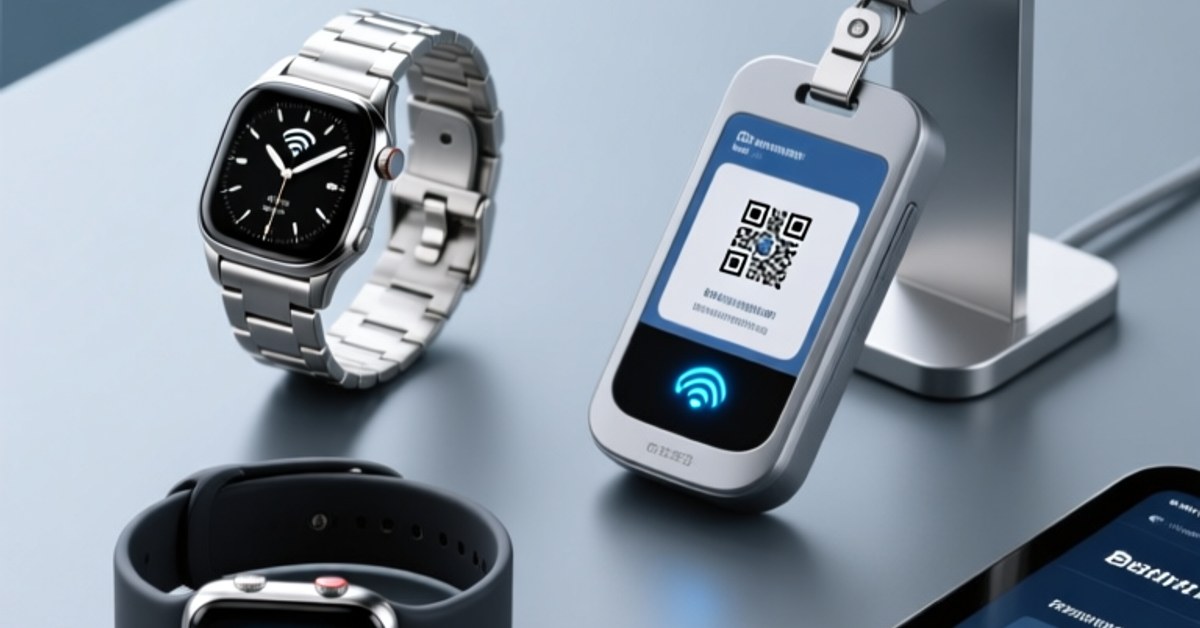 Professional studio shot of NFC-enabled devices securing digital product passports, luxury authentication tags, smart wristbands, and entertainment access points in a clean industrial setting