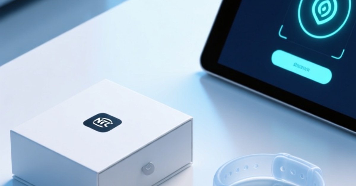 Professional overhead shot of NFC tags embedded in luxury packaging, smart wristbands, and digital product passport labels on a clean white surface with subtle blue lighting