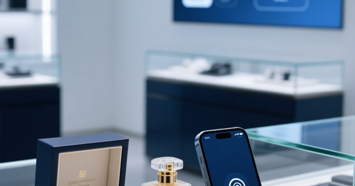 Professional retail scene showing NFC-enabled packaging, smartphone scanning action, digital display with product passport data, and wearable ID wristband on clean white surface