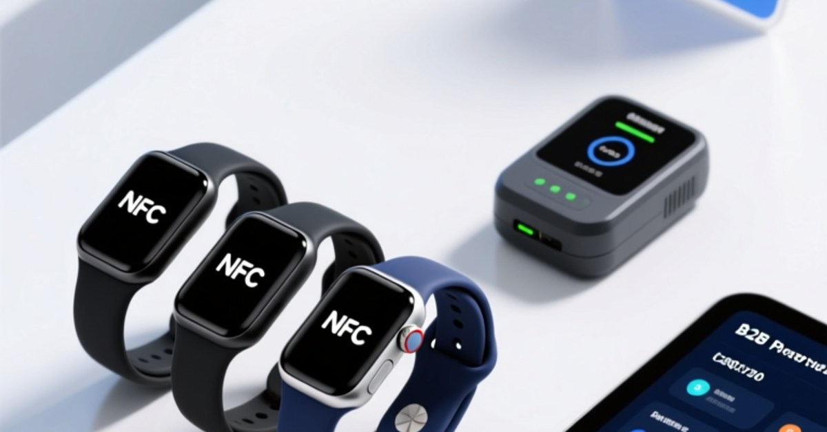 Professional overhead shot of NFC wristbands on a clean white surface beside an NFC reader and digital event dashboard display