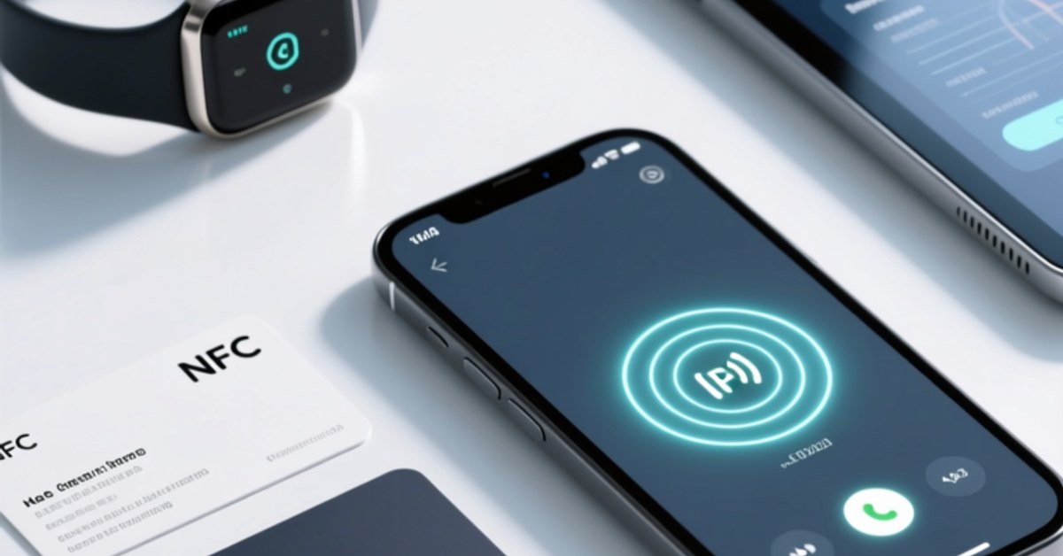 Professional studio shot of NFC business cards placed beside a smartphone displaying a digital contact card, with subtle background elements of smart wearables and digital passport interface mockups