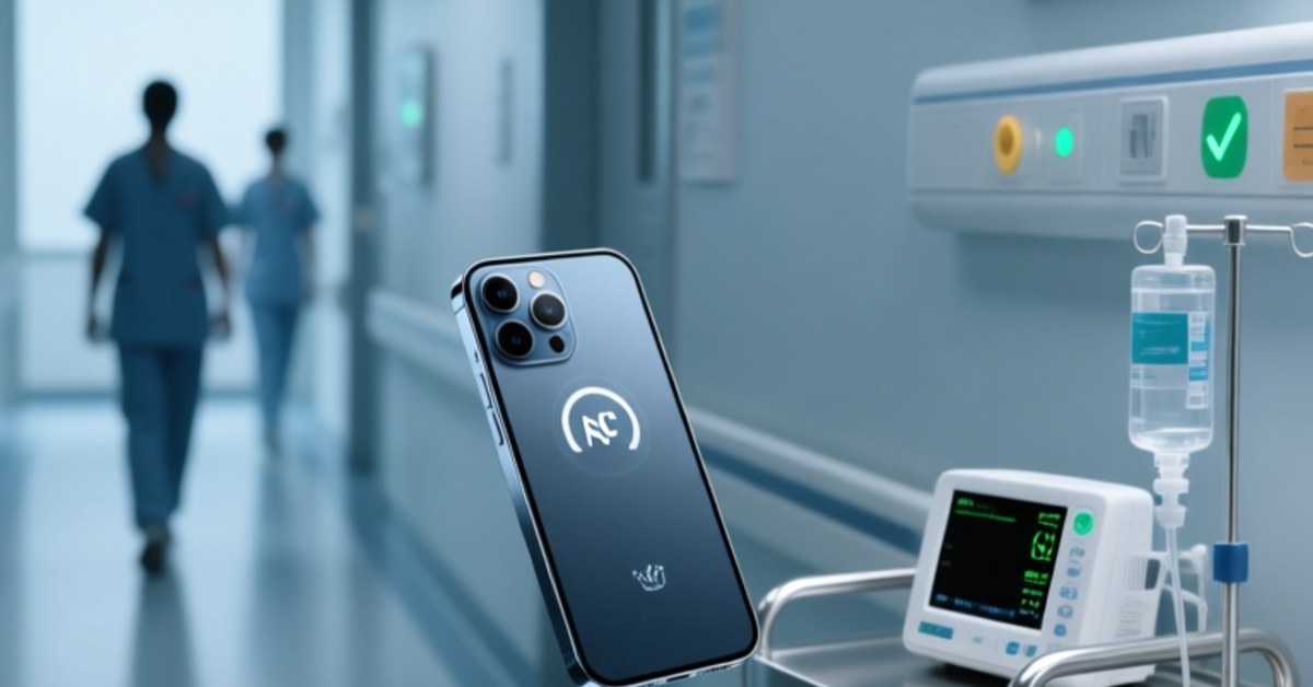 Professional healthcare scene showing NFC wristband scanning on a hospital bed rail and NFC-tagged medical equipment on a clean trolley