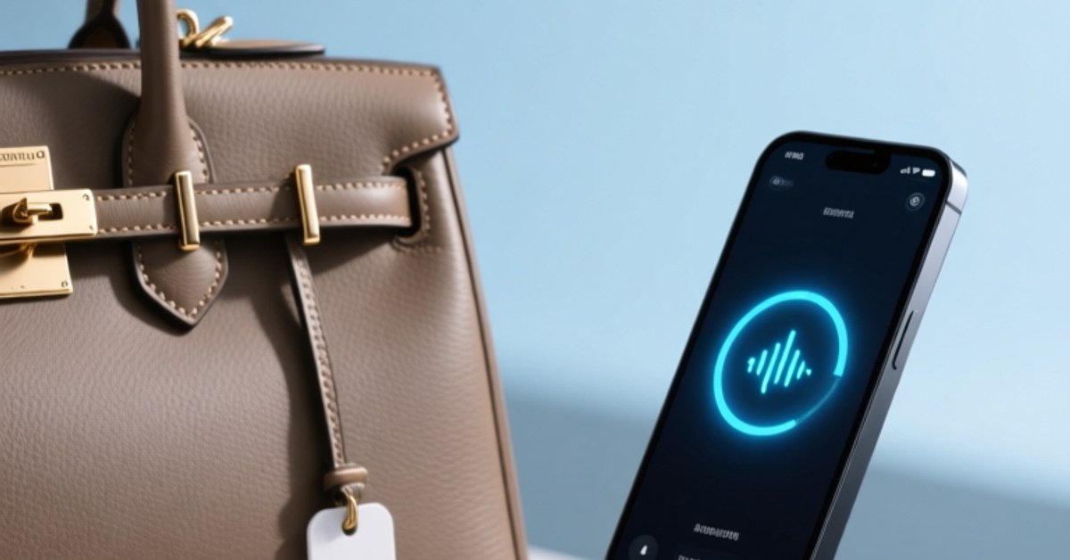 Professional studio shot of NFC-enabled luxury handbag and high-end electronics with embedded NFC tags, scanning device in foreground, clean blue-gray background