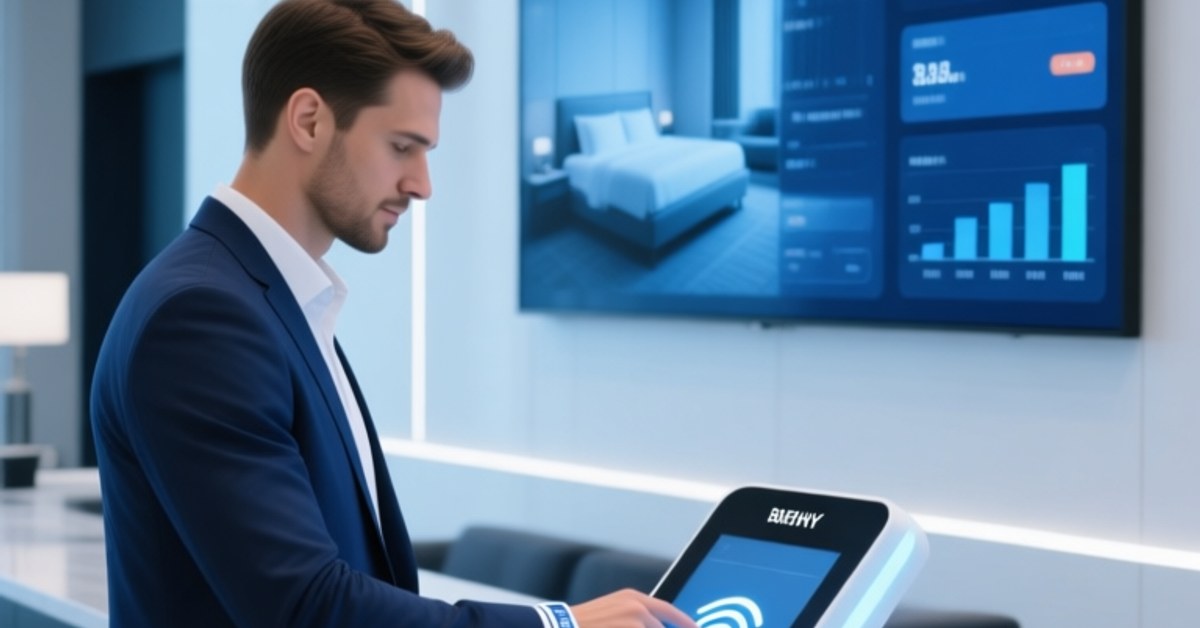 Modern hotel lobby with NFC-enabled kiosk, guest tapping NFC wristband, and wall-mounted digital display showing room status