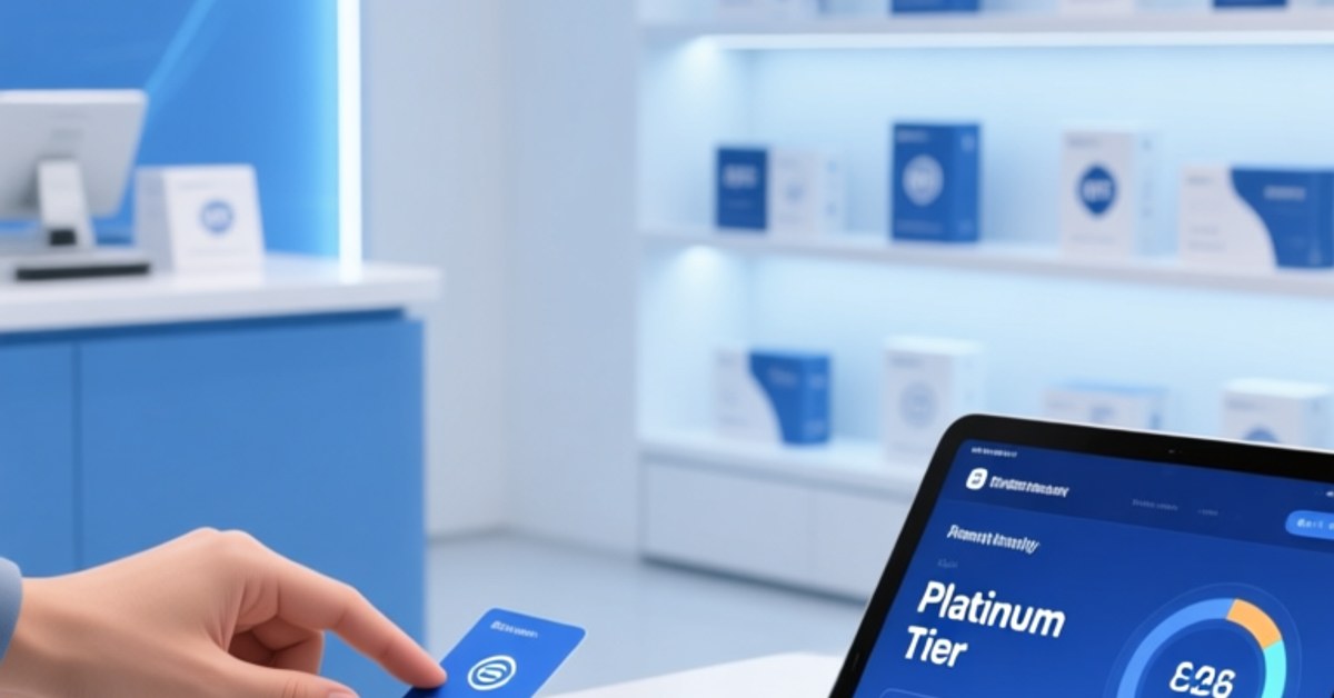 Professional retail setting showing a customer tapping an NFC-enabled loyalty card on a sleek desktop RFID reader beside branded NFC wristbands and digital display dashboard