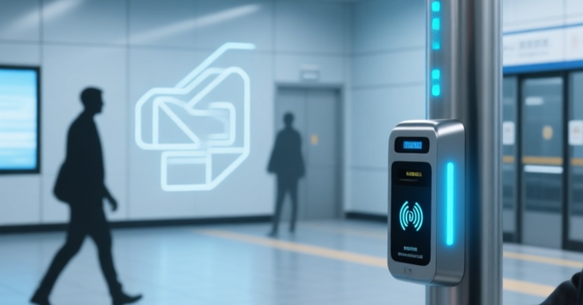 Professional urban transit scene showing NFC-enabled validator gate with passenger tapping smartphone, industrial HF RFID reader visible on pole, clean blue-gray corporate aesthetic