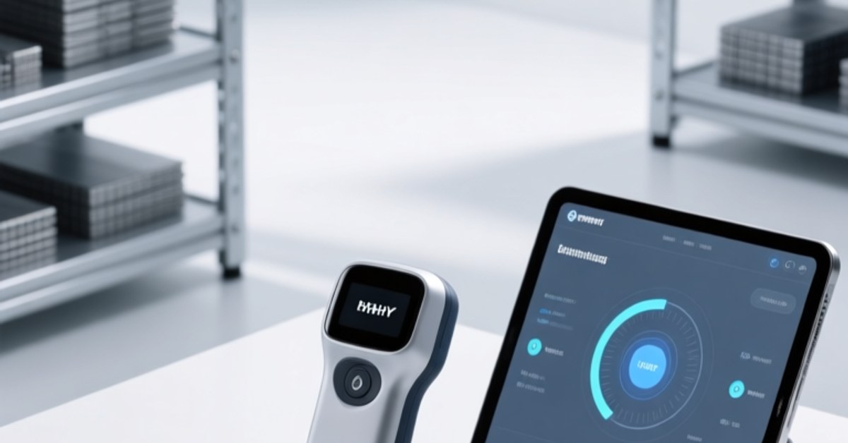 Professional close-up of diverse NFC tags and chips on a clean white surface beside an industrial handheld NFC reader and digital tablet showing tag diagnostics