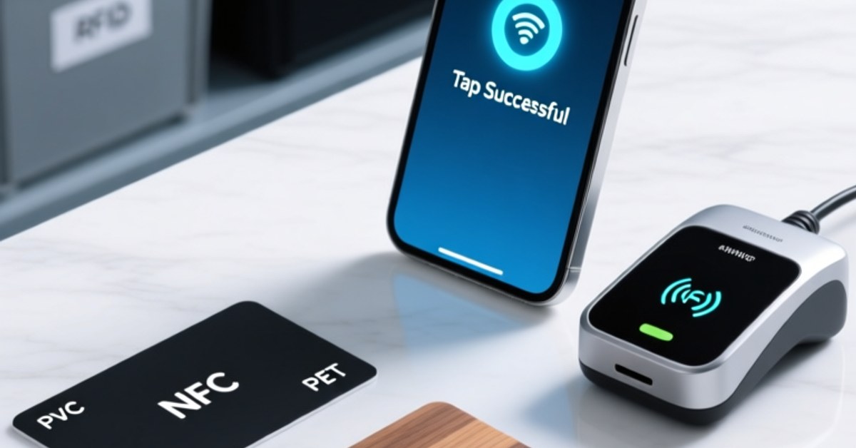 Professional close-up of PVC, PET, wooden, and bamboo NFC cards arranged on a clean white surface beside an RFIDHY HF desktop reader and NFC-enabled smartphone