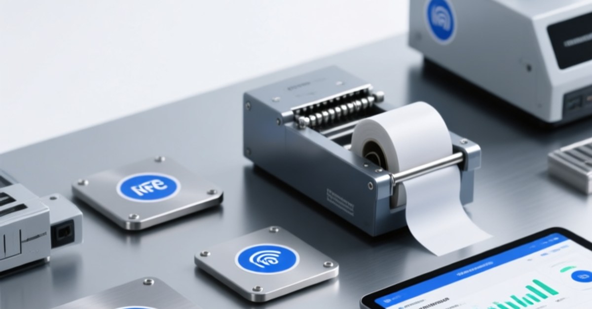 Professional close-up of custom NFC tags on a clean industrial workbench with NFC reader and digital display showing tag UID verification