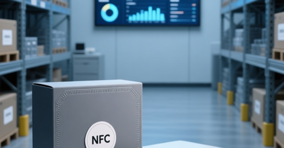 Professional close-up of NFC sticker, NFC card, and NFC silicone wristband arranged on clean white surface beside industrial NFC reader and digital dashboard display