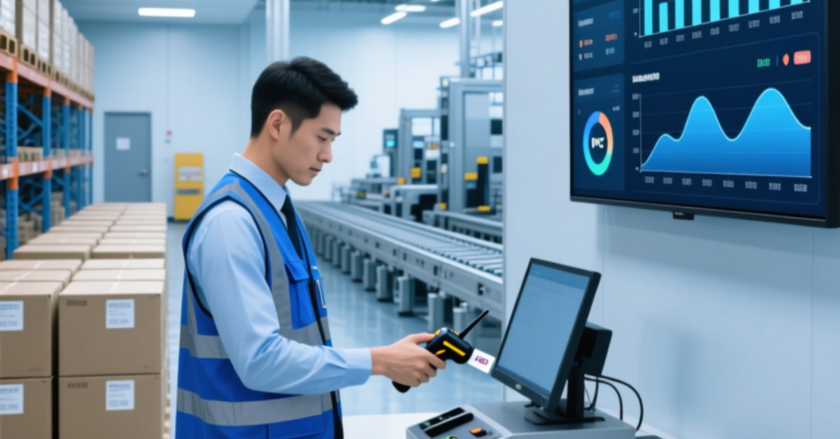 Professional industrial setting showing NFC tags, handheld scanner, and digital dashboard in a modern logistics facility
