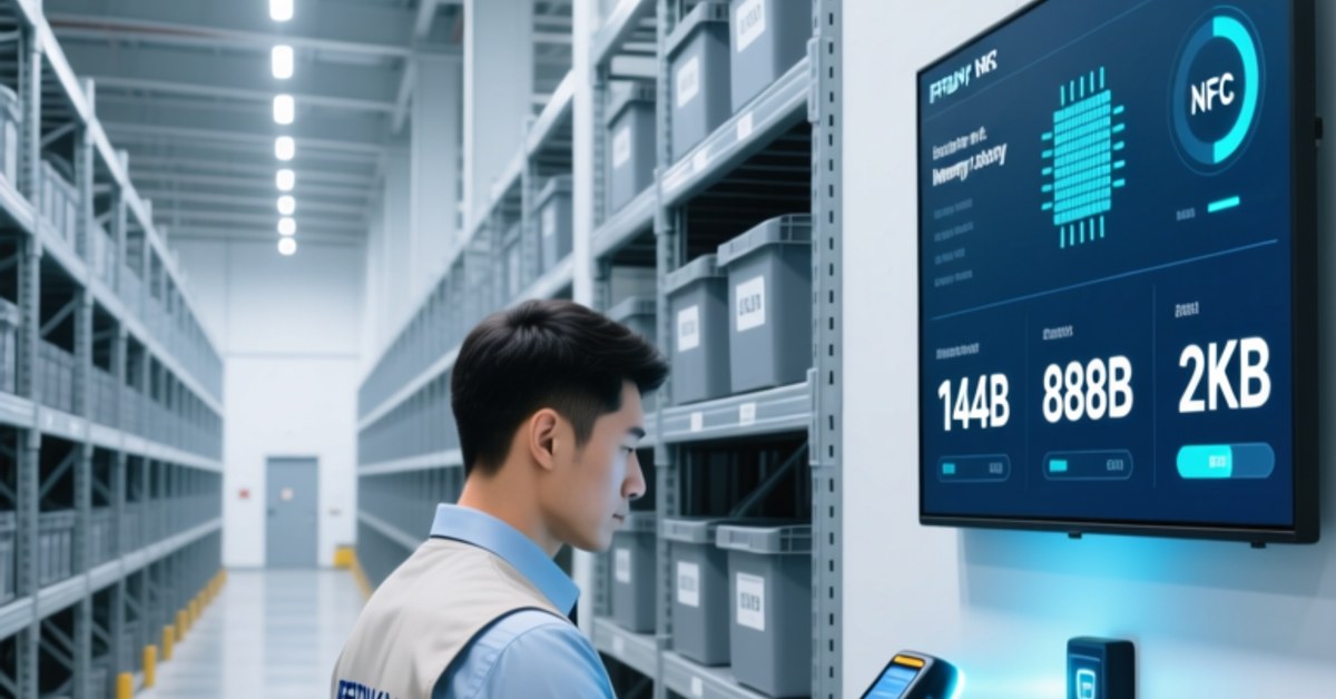 Professional warehouse setting showing NFC inlays on industrial assets, handheld RFID scanner in use, digital display showing memory-capacity metrics, clean blue-gray corporate aesthetic