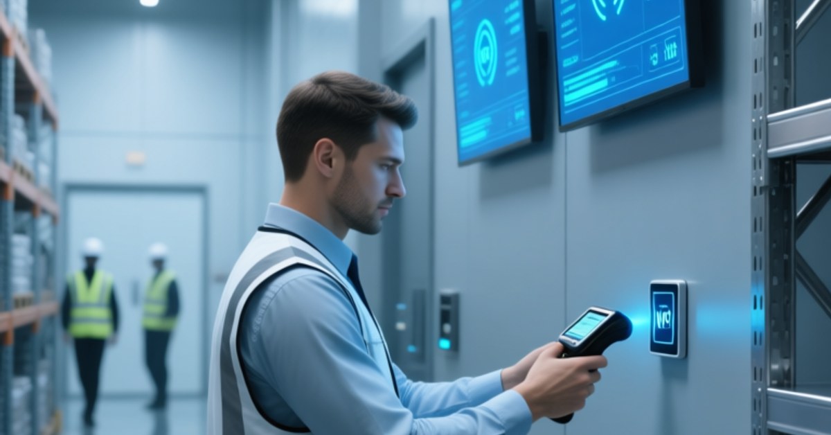 Professional warehouse setting showing NFC reader scanning an NFC tag on a metal shelf, with digital dashboard display and clean corporate lighting