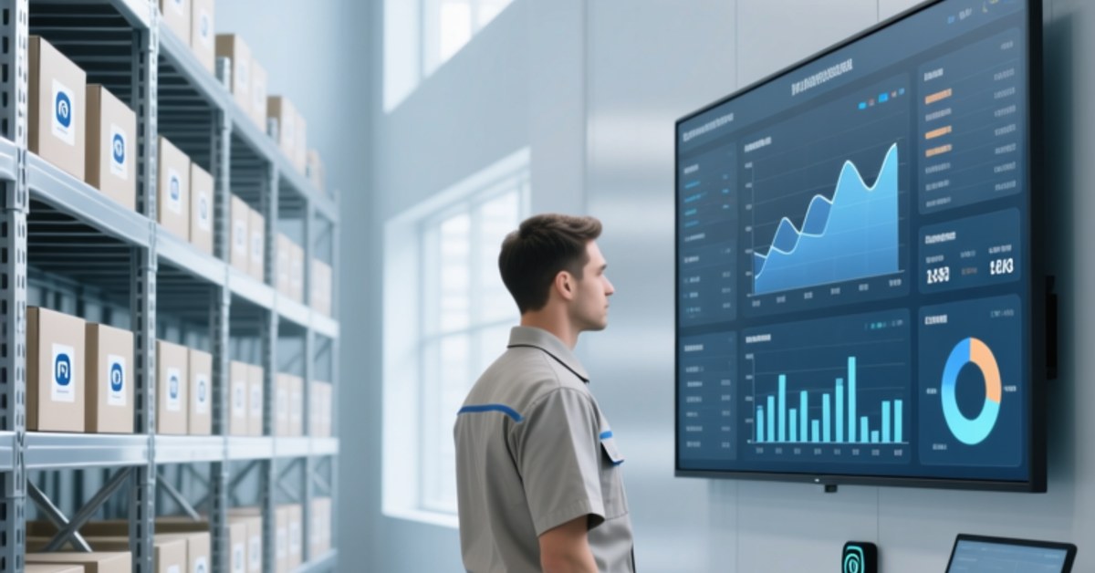 Professional corporate scene showing NFC-enabled smart management in an organized warehouse with handheld scanner, digital dashboard, and tagged assets