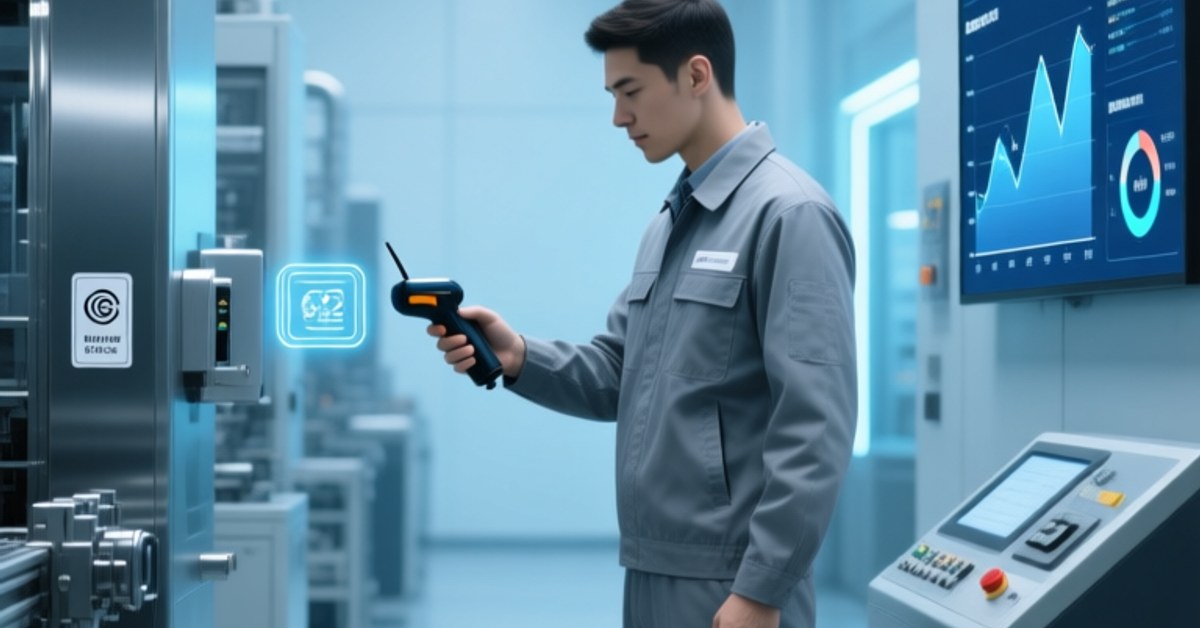 Professional industrial setting showing NFC tag interaction with IoT-enabled machinery and digital dashboard interface