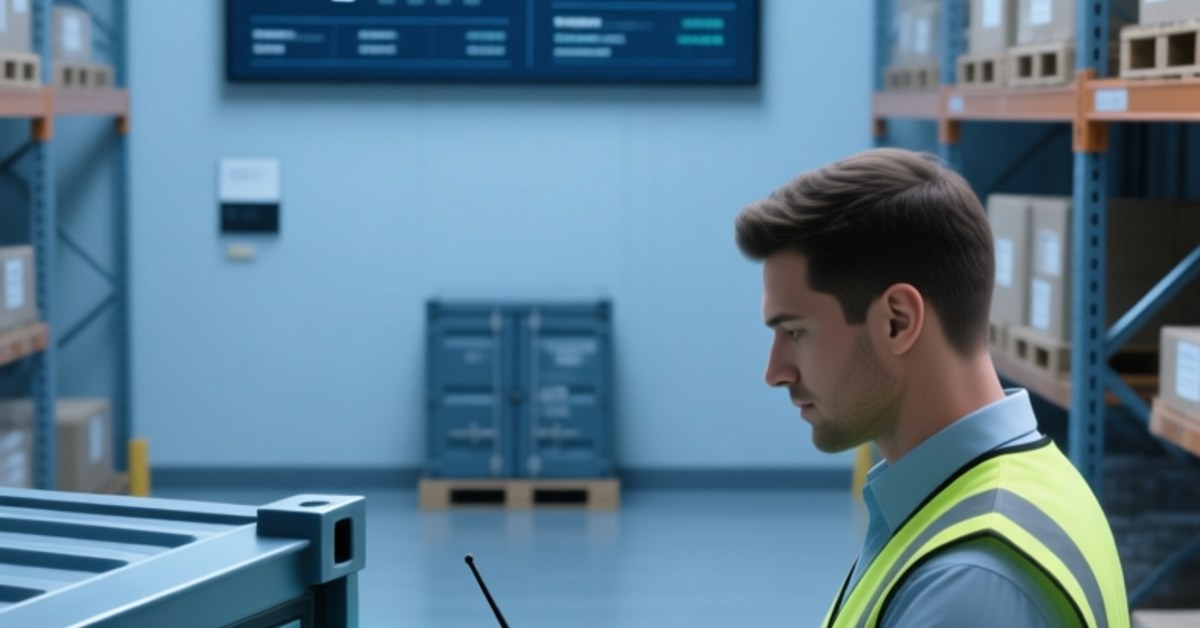 Modern warehouse with worker scanning eco-friendly NFC tags on reusable shipping containers using handheld RFID scanner, digital dashboard showing carbon savings metrics