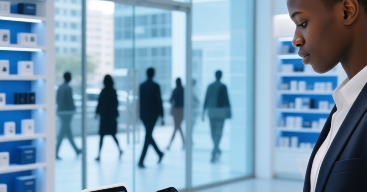 Professional scene showing NFC-enabled mobile payment and digital ID usage in an African urban retail setting with visible NFC tags and smartphone interaction