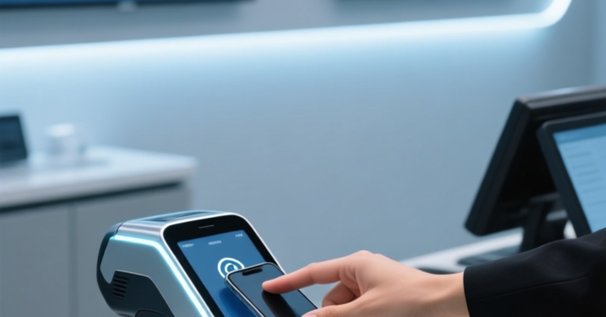 Professional retail environment with employee tapping NFC-enabled smartphone on modern contactless payment terminal beside NFC wristband and NFC tag display