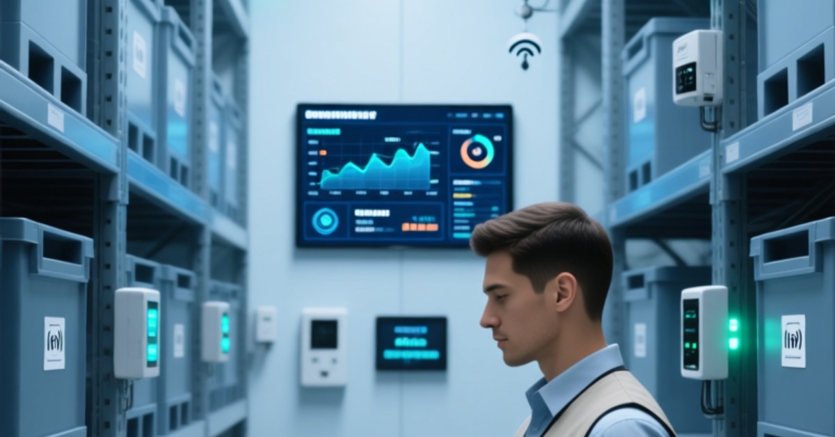Professional corporate scene showing NFC and RFID integration in a modern smart warehouse with digital displays and handheld scanners