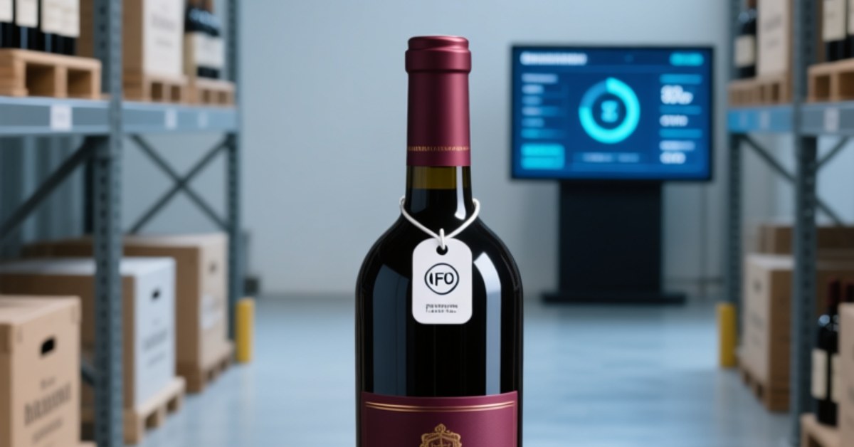 Profesia deproksima foto de NFC-etikedita vinbotelo sur polurita ligna surfaco apud RFIDTAGHY NFC-inkrustprovaĵoj kaj portebla NFC-legilo en moderna, bone lumigita magazeno