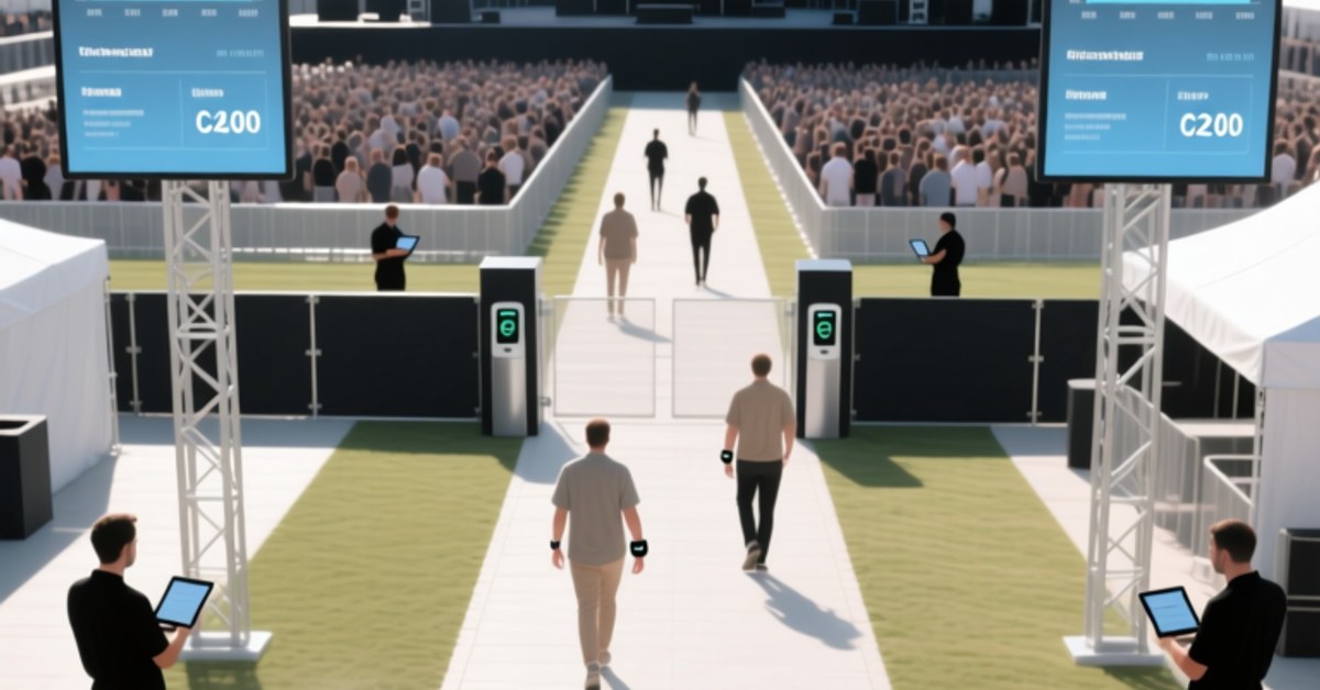 Professional aerial view of a modern outdoor music festival venue with attendees wearing NFC wristbands, NFC readers at entry gates, and digital signage displaying real-time crowd analytics