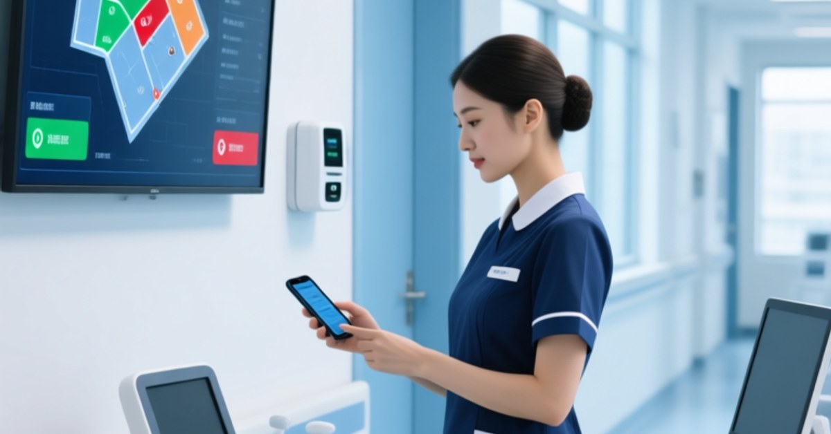 Professional hospital corridor with NFC-enabled medical equipment tagging and digital dashboard showing real-time asset locations