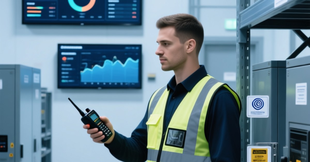 Professional warehouse scene showing a technician using an FCC-certified handheld UHF RFID scanner to read NFC/RFID tags on industrial equipment