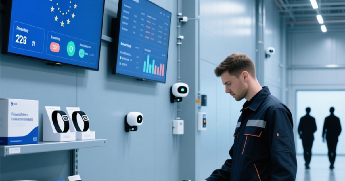 작업자가 라벨이 붙은 팔레트 근처에서 휴대용 NFC 스캐너를 사용하고 실시간 재고 데이터를 보여주는 디지털 대시보드를 사용하는 전문적인 EU 창고 장면