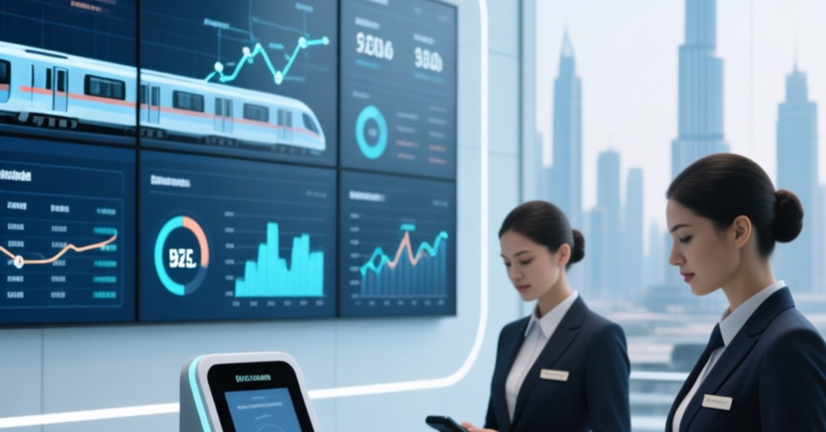 NFC na Bliskim WschodzieopUmożliwianie inteligentnej transformacji miasta w całym DubajuąAbu Dabitri Doha z obsługą NFCancyfrowy pulpit nawigacyjnyel korzystający z ręcznych skanerów NFC z opaskami na rękę i identyfikatorami Professional smart city operations center in Dubai showing NFC-enabled transit kiosk, digital dashboard, and staff using handheld NFC scanners with wristbands and tags