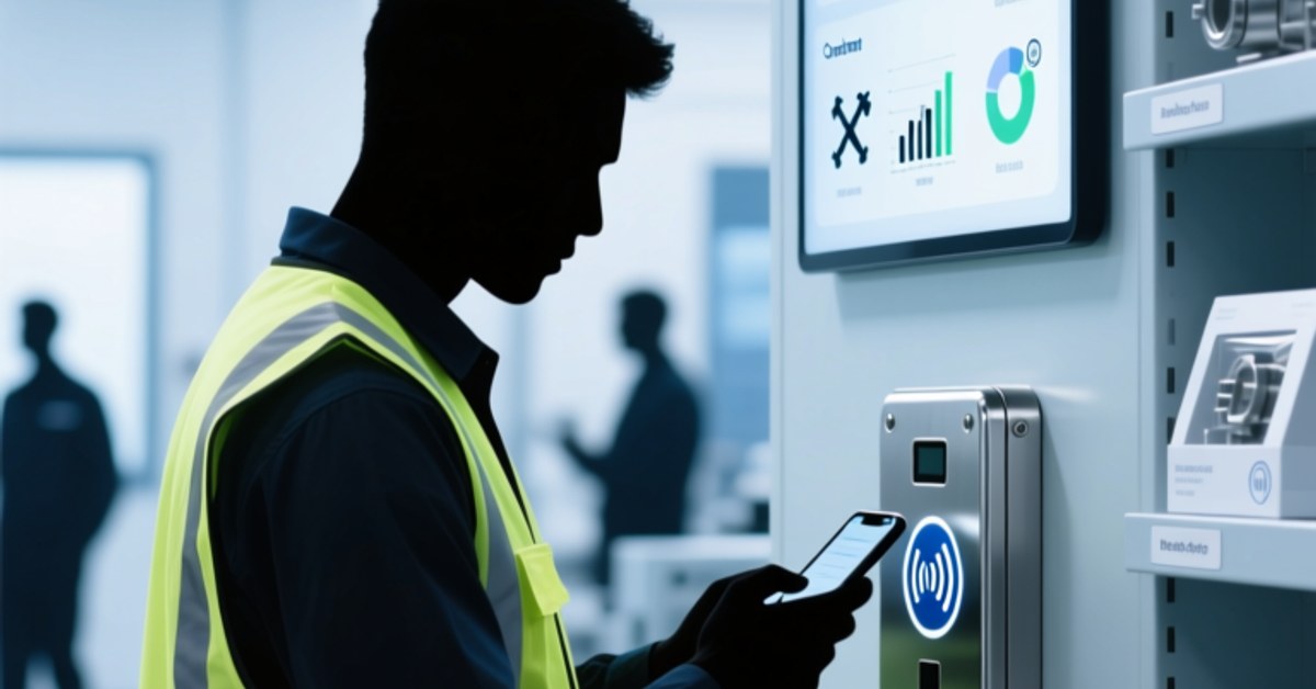 Impostazione di magazzino professionale che mostra l'autenticazione del prodotto abilitata NFC: lavoratore che tocca lo smartphone su un componente industriale con incorporato un tag NFC, display digitale che mostra i dati DPP, estetica aziendale blu-grigio pulita