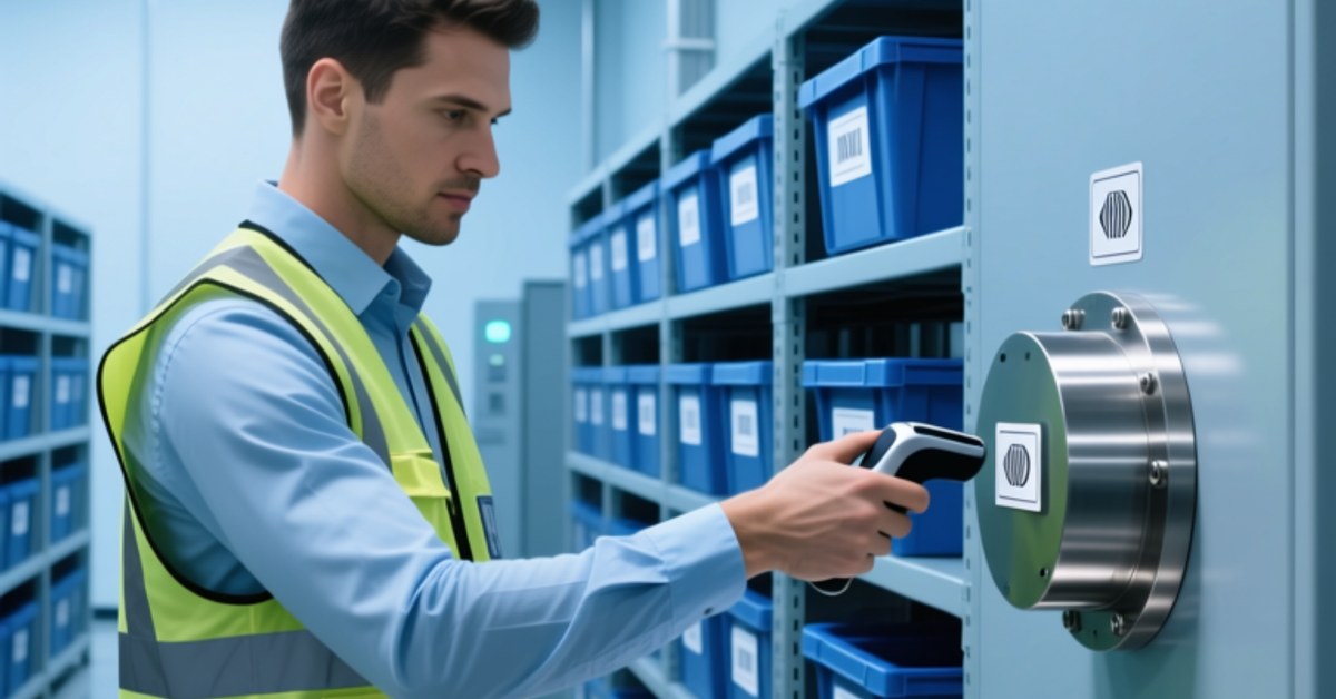 Scena di magazzino professionale che mostra la scansione di tag NFC su apparecchiature industriali con dashboard DPP digitale visibile sullo schermo del tablet