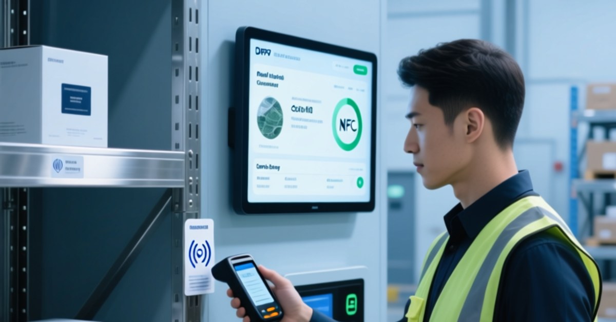 Impostazione di magazzino professionale con l'operatore che utilizza il lettore NFC portatile per scansionare l'etichetta del prodotto abilitato NFC sullo scaffale metallico, dashboard digitale che mostra i dati DPP in background