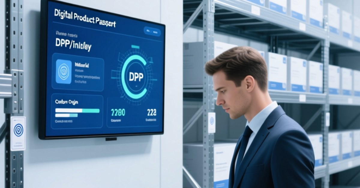 Configuración de almacén profesional que muestra la implementación del Pasaporte de Producto Digital habilitado para NFC: Técnico escaneando una etiqueta NFC en envases industriales con un lector RFIDHY portátil, Pantalla digital que muestra datos DPP en tiempo real., estética corporativa limpia azul grisácea