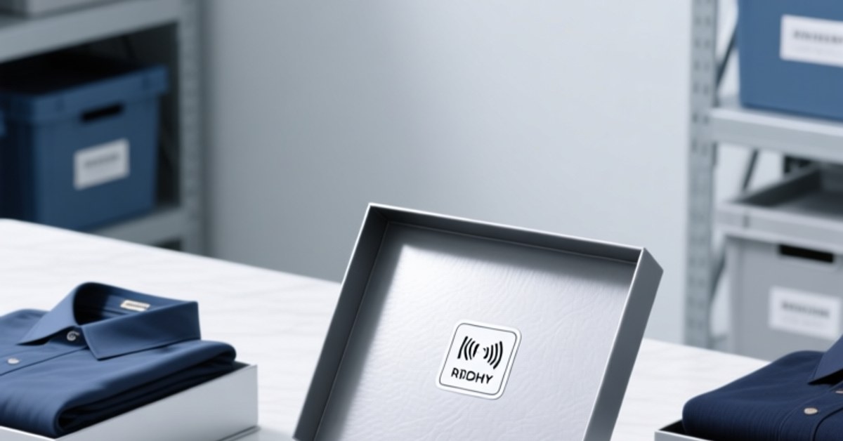 Foto de estudio profesional de embalajes de prendas con etiqueta NFC sobre una superficie blanca limpia, con una incrustación RFIDTAGHY NFC visible y un lector RFIDHY NFC portátil cerca, iluminación suave, estética corporativa