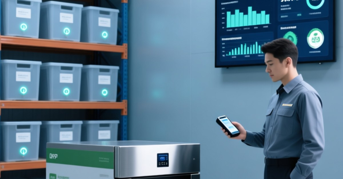 Ammattimainen varastonäkymä, jossa näkyy NFC-yhteensopiva tuotemerkintä RFID-tunnisteella NFC-inlayilla ja RFIDHY-kädessä pidettävä skanneri kestävässä laitepakkauksessa