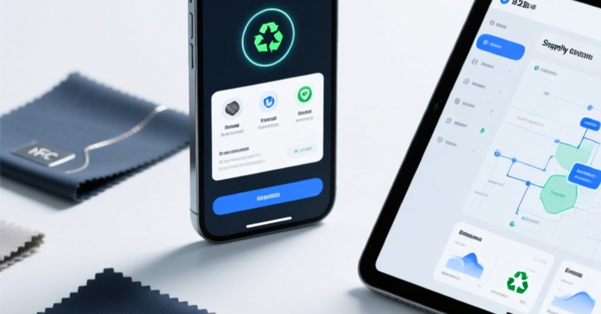 Professional studio shot of NFC-enabled clothing tags embedded in fabric swatches beside an NFC smartphone scan in progress, with digital DPP data displayed on a clean tablet interface