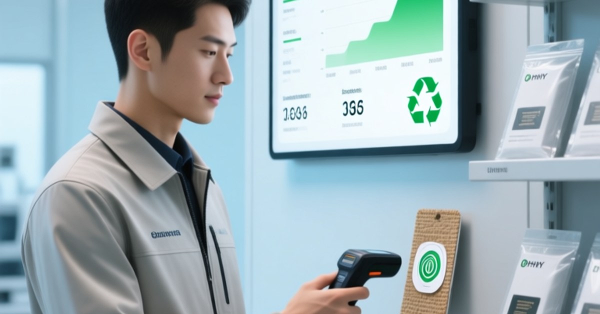 Modern industrial setting showing an engineer scanning an NFC tag on a sustainable product label beside a digital dashboard displaying material lifecycle data