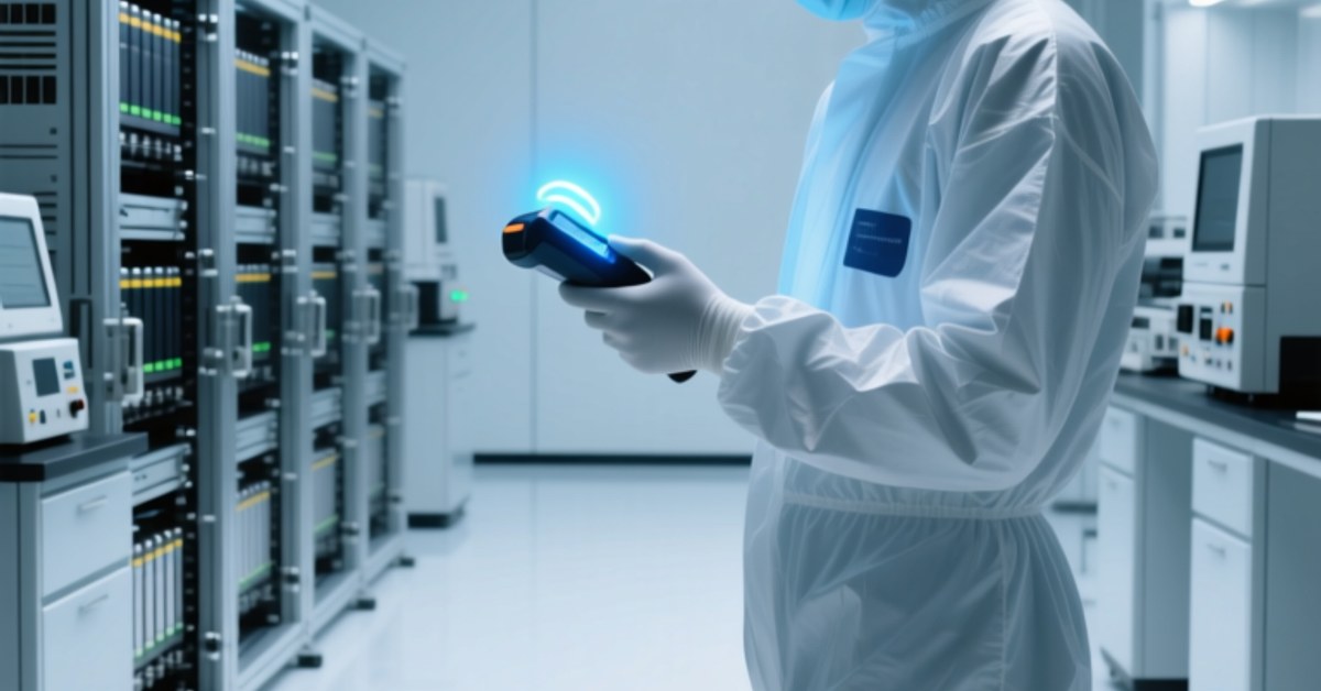 Professional industrial setting showing an engineer scanning an NFC-enabled battery module with a handheld reader, digital DPP data displayed on a nearby tablet screen