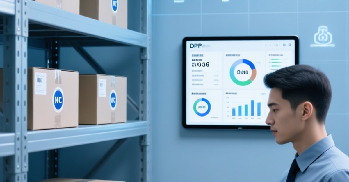 Professional warehouse setting showing SME staff integrating NFC tags into product packaging using handheld scanner and digital display
