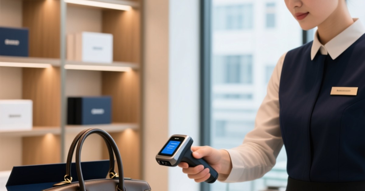 Professional retail environment showing luxury handbag with embedded NFC tag, handheld NFC scanner verifying authenticity on tablet display, clean modern lighting