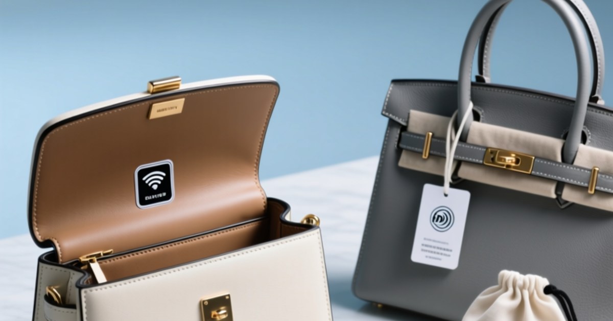 Professional studio shot of luxury handbags with discreet NFC tag integration points highlighted — leather lining, care label, and dust bag — alongside RFIDHY NFC inlays and NFCWORK NFC stickers on a clean white surface