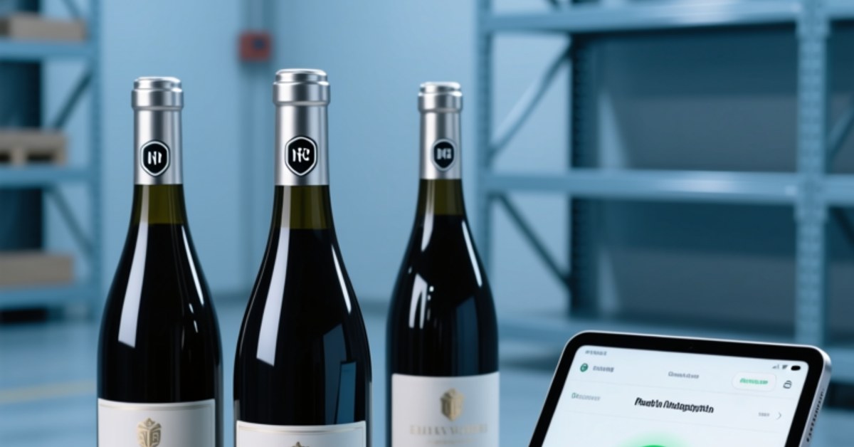 Professional overhead shot of premium wine bottles with embedded NFC bottle tags on capsules and labels, alongside NFC readers and digital verification dashboard on tablet
