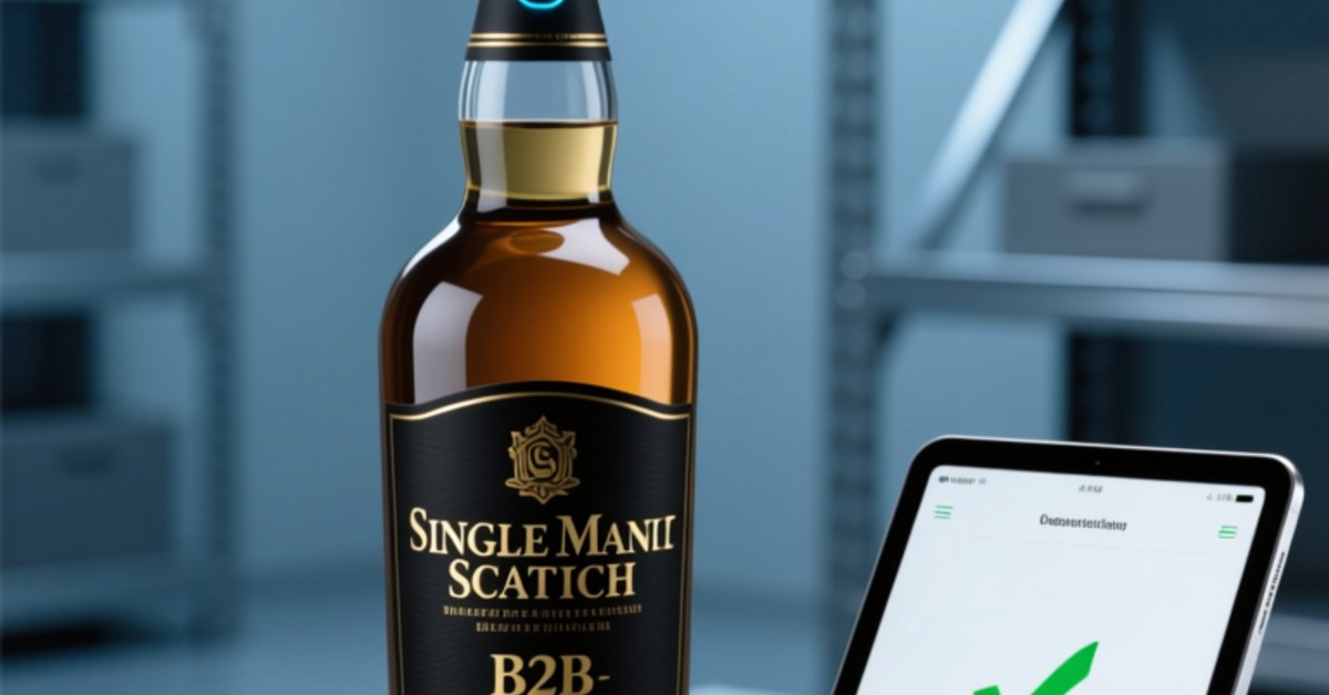 Professional overhead shot of a premium whisky bottle with NFC-enabled neck capsule, beside an NFC reader and digital tablet showing authentication interface — clean corporate studio setting