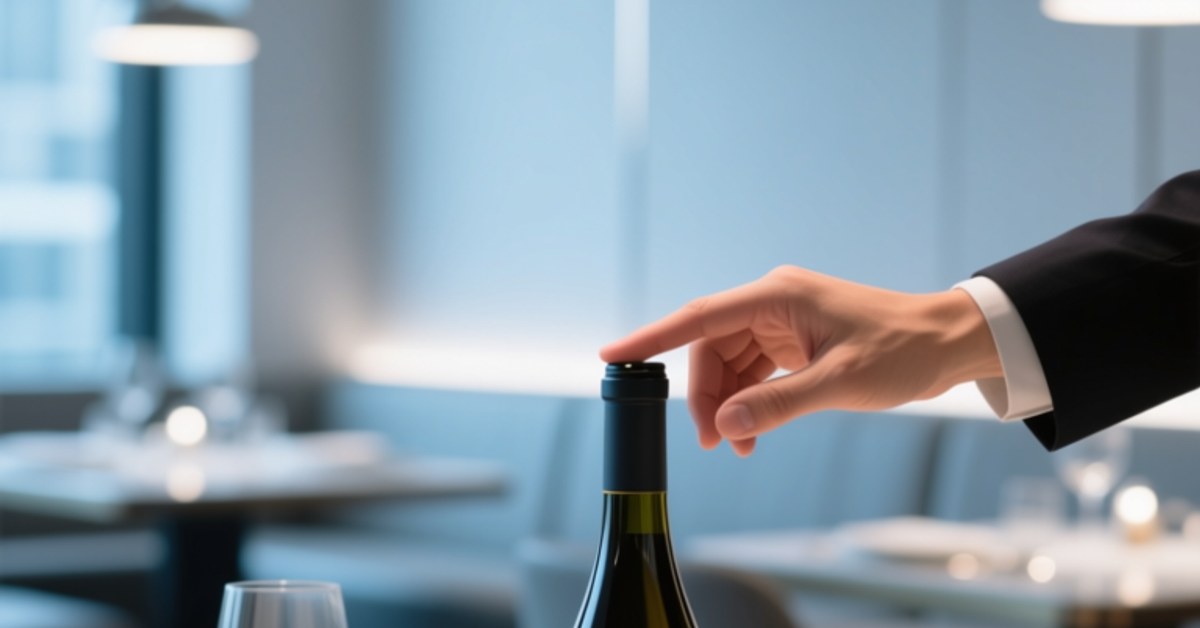 Professional close-up of a hand tapping an NFC-enabled wine bottle label with a smartphone, showing clean interaction between device and tag in upscale restaurant setting