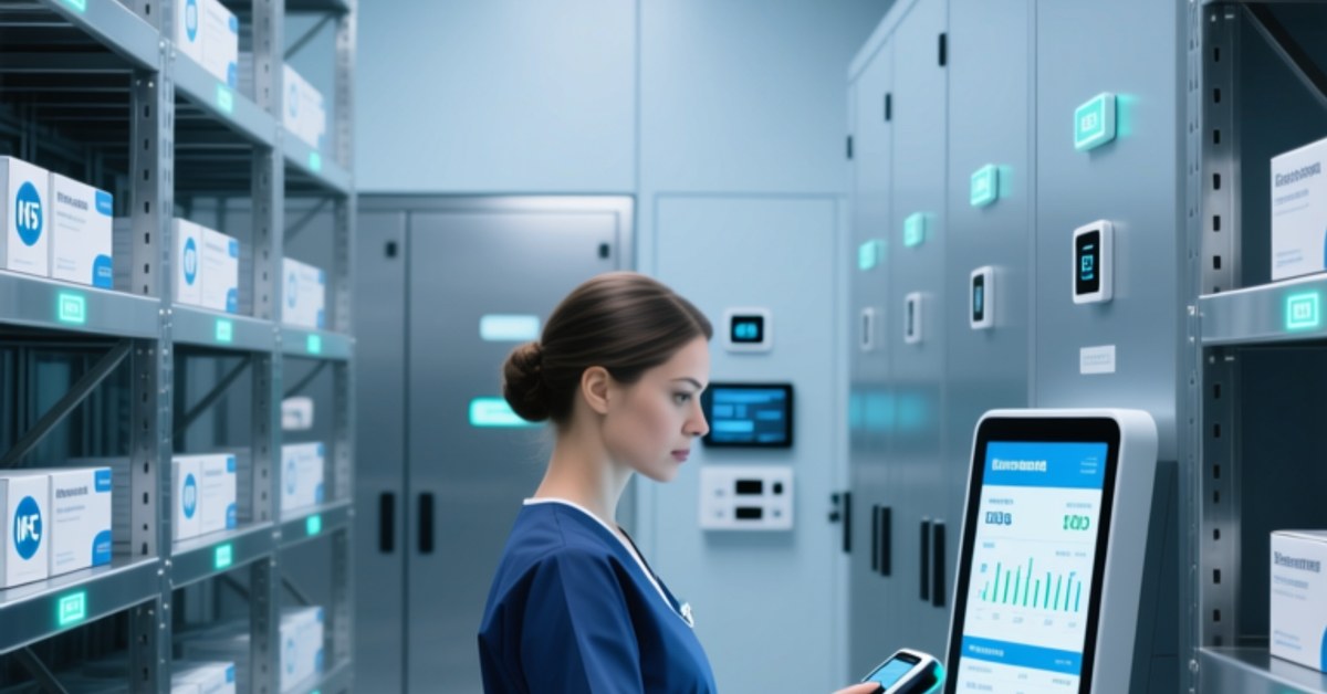Professional pharmaceutical warehouse with NFC-enabled medicine packaging on shelves and handheld NFC scanner in use