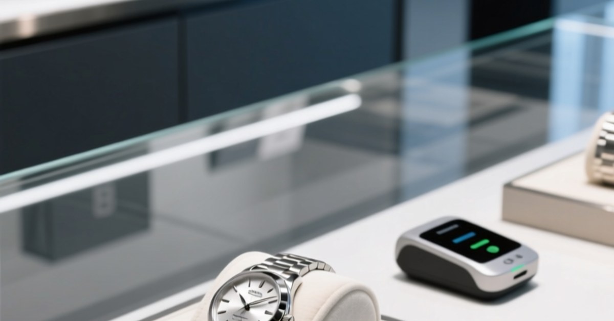 Professional close-up of a luxury wristwatch with visible NFC symbol overlay, placed beside an NFC-enabled warranty card and smartphone displaying authentication confirmation
